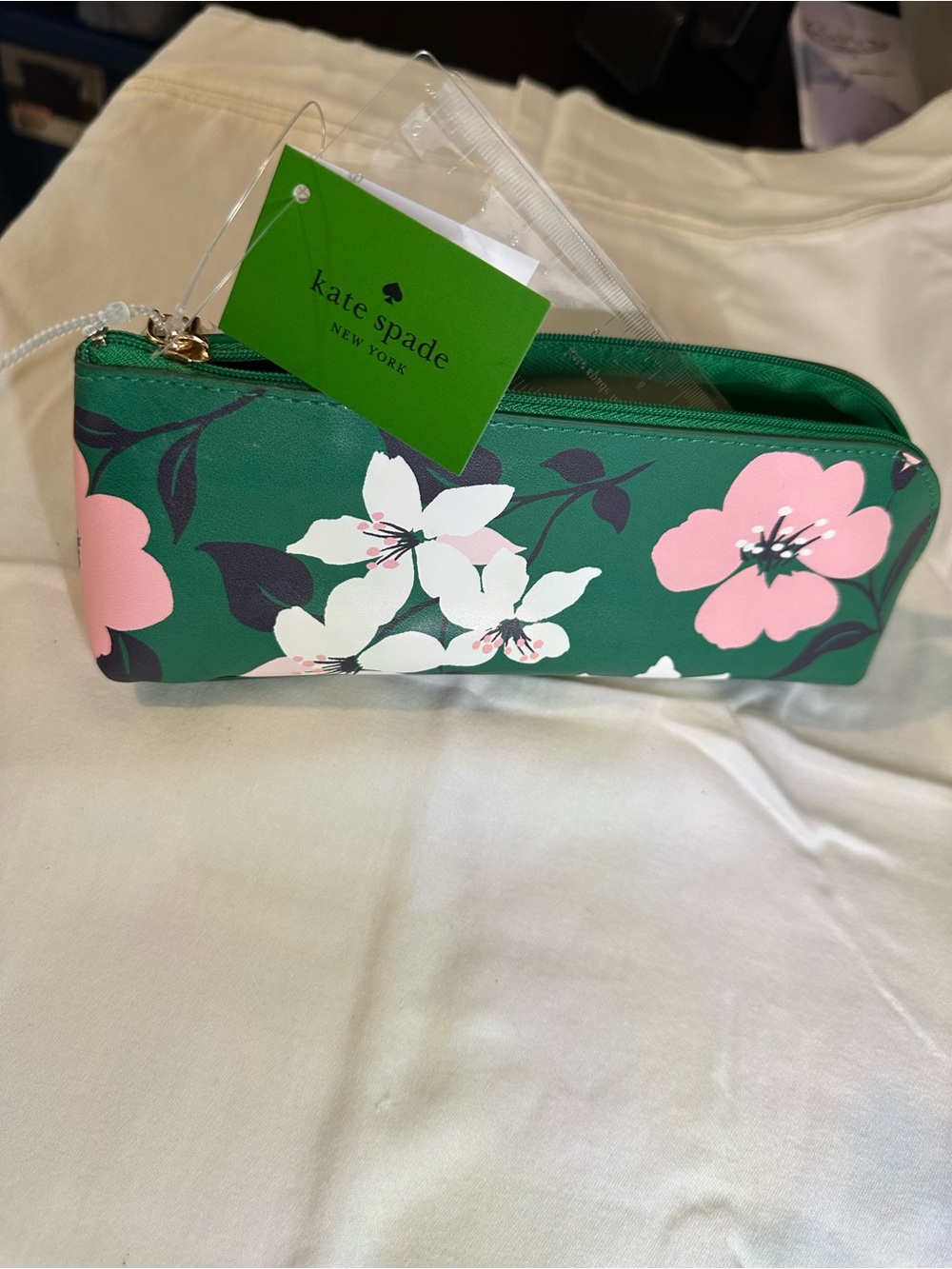 kate spade Green Floral Cosmetic Zip Pouch with Pink & White Blossoms